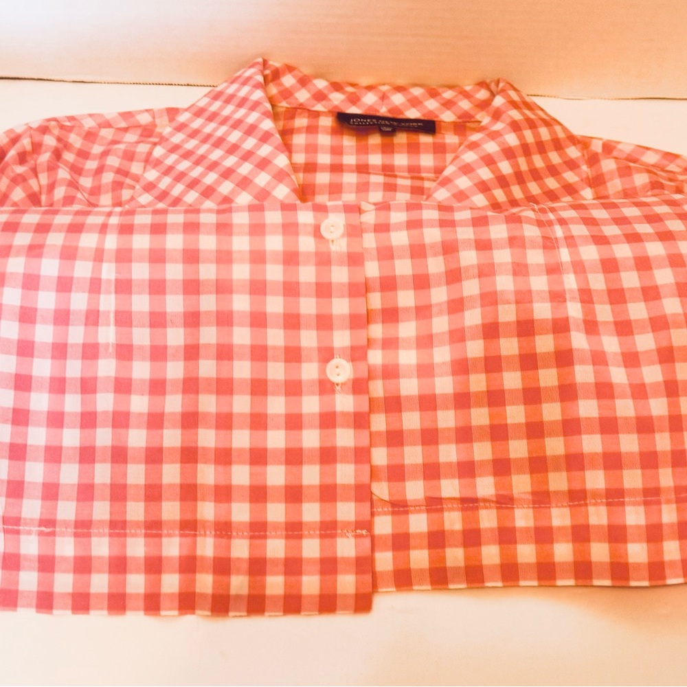 Jones New York Collection Pink Gingham Silk Blouse Long Sleeve Cuffs Size 14W - Picture 11 of 16